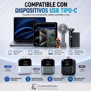 Puede incluir: Tres baterías portátiles en blanco, plateado y negro, cada una con una pantalla digital que muestra 25.00V, 4.00A y 10000mAh. La imagen muestra varios dispositivos compatibles con USB-C, incluyendo un portátil, tablet, smartphone, reloj inteligente, ventilador y afeitadora.