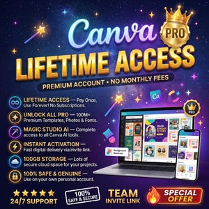 Canva Pro Lifetime Access |  Upgrade Own Account | 400K+ Templates | AI Design Tools | Instant Digital Delivery | Team Invite | 24/7Support