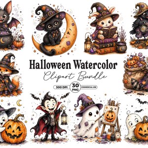 Paquete de imágenes prediseñadas de Halloween con temática de brujas y acuarelas, animales espeluznantes, zorro, conejo, mapache y murciélago (30 archivos PNG)