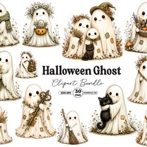 Boho Ghost Clipart Bundle, Cottagecore Halloween Ghost PNG, Patchwork Vintage Ghosts, Ghost Family Black Cat, Floral Neutral Fall Ghost