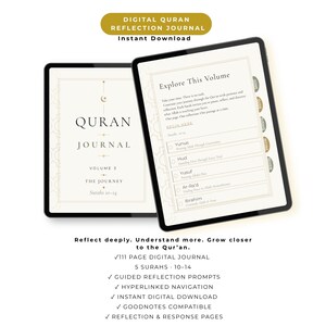 May include: A digital Quran reflection journal displayed on two tablet screens. The left screen shows the title page with text reading Quran Journal Volume 3 The Journey Surahs 10-14. The right screen shows a page titled Explore This Volume.