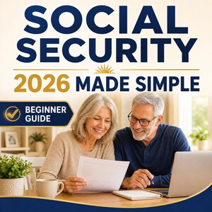 Peut inclure: Un guide intitulé SOCIAL SECURITY 2026 MADE SIMPLE avec un badge BEGINNER GUIDE. Le texte est affiché au-dessus d'un couple âgé souriant assis à une table avec un ordinateur portable, un document, un carnet et une tasse dans un intérieur lumineux.