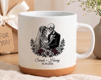 Custom Skeleton Couple Mug, Personalized Wedding Gift for Newlyweds, Gothic Bride Groom Name Date Mug, Halloween Love Keepsake