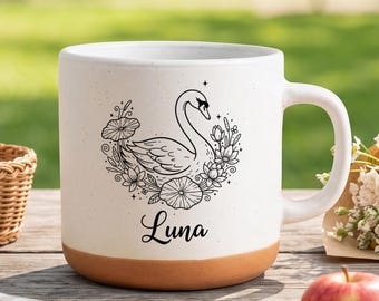 Personalized Floral Swan Mug, Custom Name Elegant Bird Design, Nature Lover Gift for Women Girls Birthday and Special Occasion