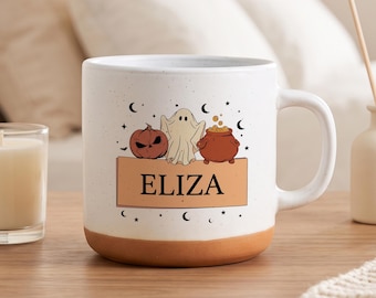 Taza infantil personalizada de fantasmas para Halloween, taza de café con forma de calabaza, regalo, vajilla espeluznante con nombre personalizado, lindo regalo de otoño para ella.