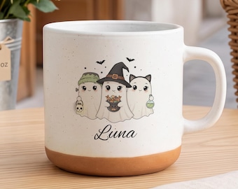 Mug fantôme d'Halloween personnalisé, tasse à café en céramique avec nom personnalisé, cadeau effrayant et mignon