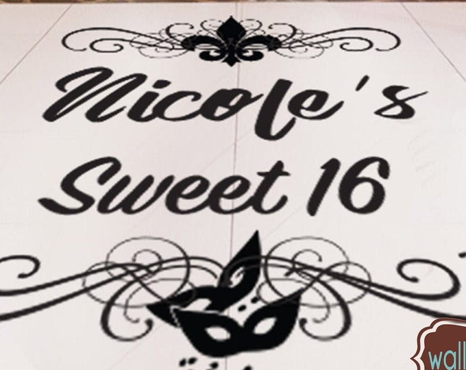 Custom Sweet Sixteen 16 Birthday Decor Mask Masquerade Dance Floor Decal | Mardi Gras MASK | Personalized Custom Name Party Decor