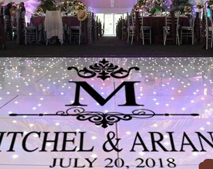 Classic Damask Dance Floor Decal - Wedding Day -Personalized Bride Groom Names Last Name Initial Vinyl Lettering White Black Gold Silver