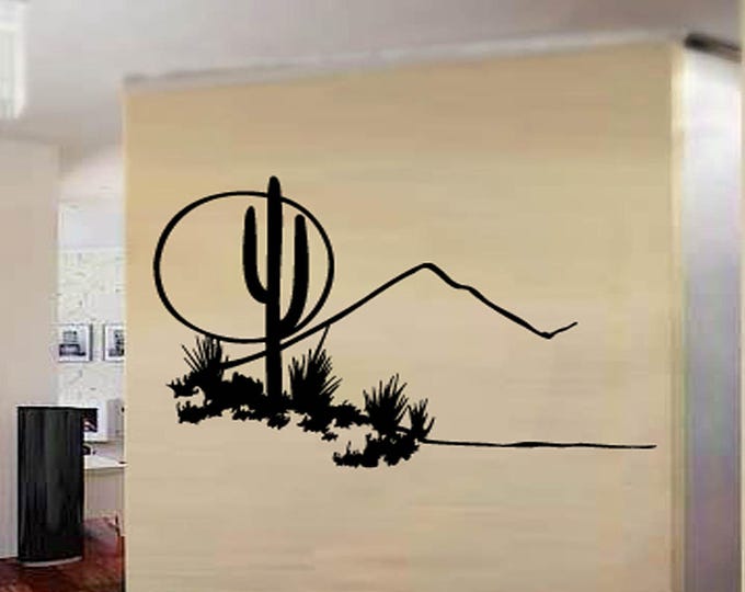 Family Wall Scenary Decal - Arizona Desert Sunset - Summer Cactus Wall Decals - Home Small Medium Large  39+ Colors Western Wild West Cabin