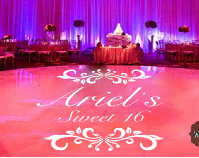 Sweet 16 Dance Floor Decal - Personalized Custom Name with Fancy scrolls - Small Medium Large Reception Decals