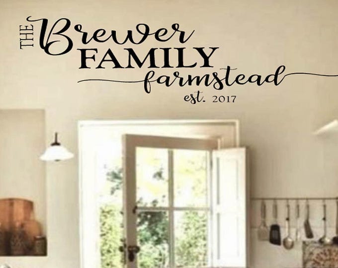 Family Last Name FARMSTEAD Wall Quotes Decal - Personalized Custom Family Name Est Date -Wall Decals Small Medium Large Farmhouse font