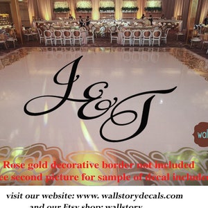 May include: A color chart for wedding dance floor decals with a sample of a black "J & T" monogram on a white background. The chart includes a variety of matte colors and metallic options. The text "How to order: Pick color choice from drop down menu." is included.