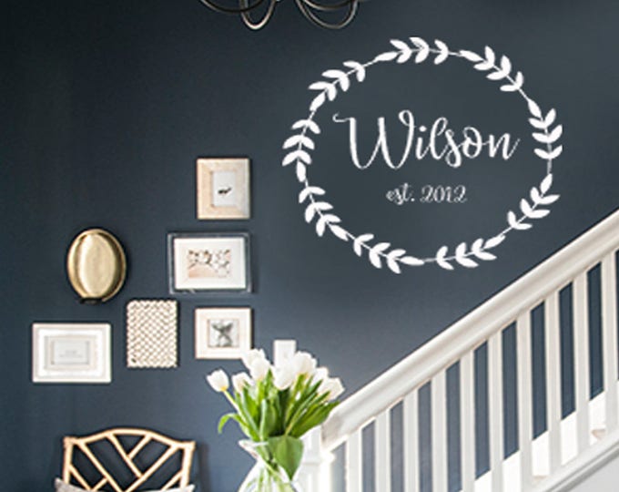 Custom Name Est Date Wreath Wall Art Decor Decal by Wallstory | Personalized Family Last Name | Housewarming Gifts