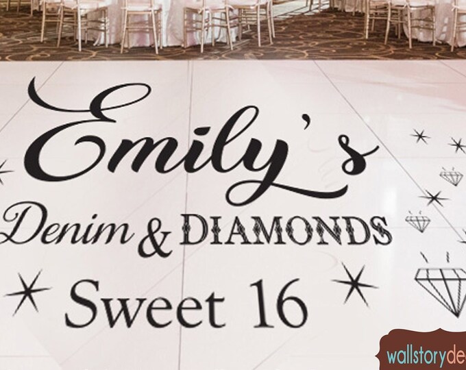 Sweet 16 Dance Floor Decal - Personalized Custom Name - Denim Diamonds Theme - Reception Decals Party Decor Sixteen White Black Gold Silver