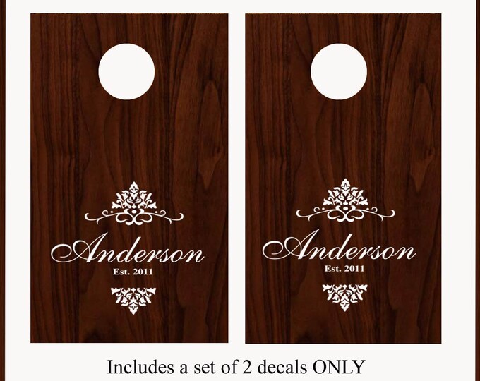 Damask Family Last Name Cornhole Board Game DECALS - Established Year Date Personalized Names Vinyl Lettering corn hole board signs