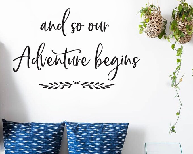 Family Wall Quotes Decal - And so the adventure Begins -  Wreath - Living Room Wall Decals - sign decal - Family Large Wall Decal Large