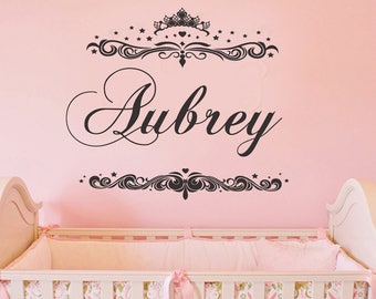 Nursery Wall Decals Quotes - Princess Crown with Hearts  -  Personalized Custom Name - Kids Room Wall Decal - Boys Girls Children's Sayings