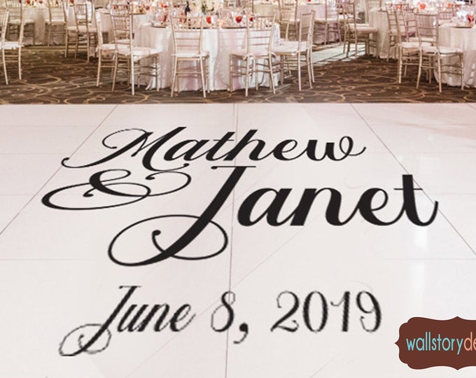 Elegant Wedding Logo Dance Floor Decal - Wedding Day - Swirly calligraphy Dance Floor Personalized Names White Black Gold Silver