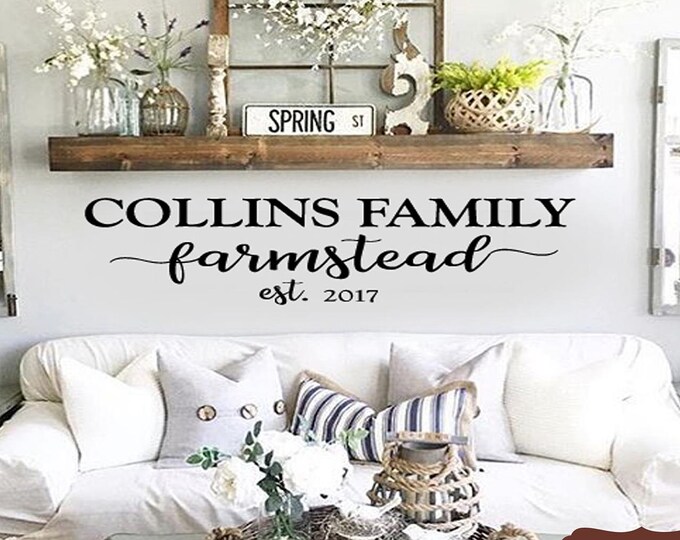 Family Last Name FARMSTEAD Wall Decals Quotes - Personalized Custom Family Name Est Date  Small Med Large Simple Basic Farmhouse font