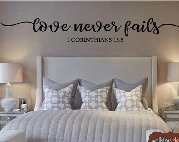 Family Wall Quotes Decal - Love Never Fails -  Corinthians 13:8 Home Wall Decals - Sayings Bedroom Small Medium Large Couples Love Quotes