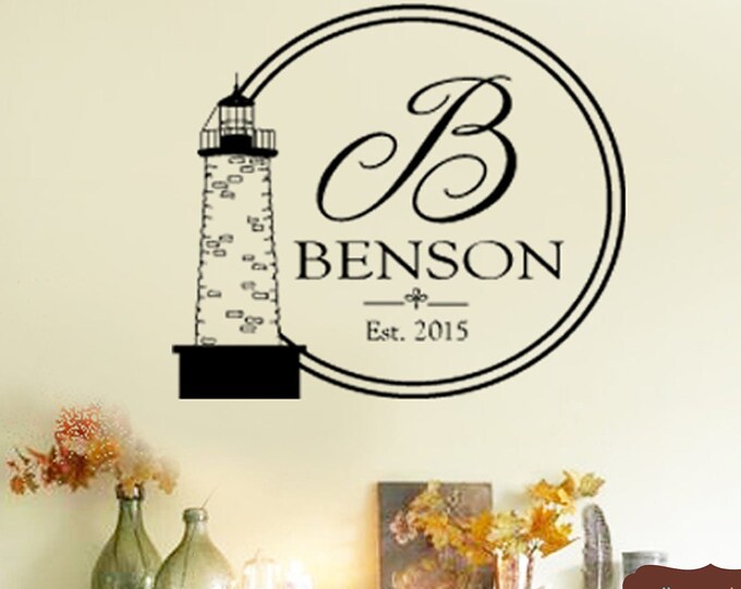 Family Monogram Beach LIGHTHOUSE Wall Art Decor - Personalized Last Name Wall Decals Quotes - Custom Family Name Established Year Date  Sig