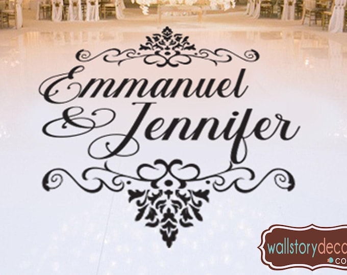 Modern Damask Wedding dance Floor Decal - Personalized Custom Name - Birthday Decal 40th 50th 60th  Vinyl Black Gold Silver White