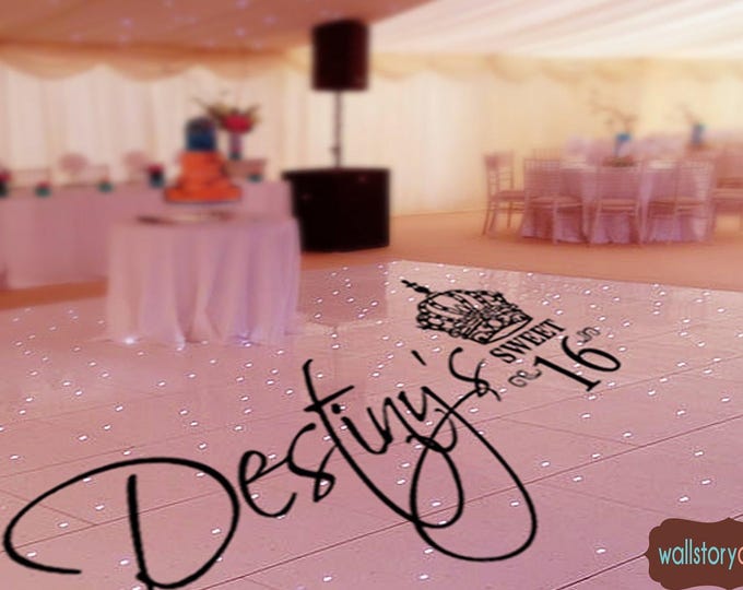 Sweet 16 Dance Floor Decal - Personalized Custom Name with Crown scrolls - Small Medium Large Reception Decals Princess Party Decor