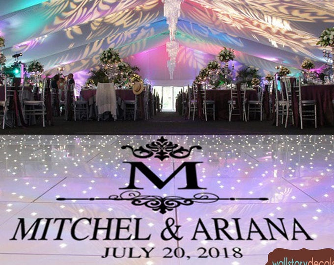 Classic Damask Dance Floor Decal - Wedding Day -Personalized Bride Groom Names Last Name Initial Vinyl Lettering 39 Colors smal medium Large