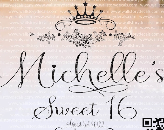 Sweet 16 Birthday Sweet 15 Birthday Quinceanera Celebration Party Logo Dance Floor Decal Princess Crown quince años White Black Gold Silver