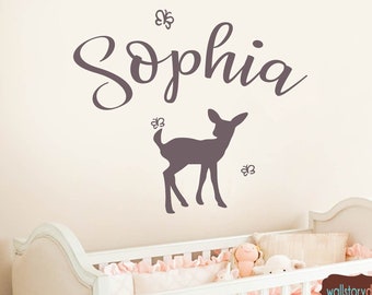 Woodland DEER Decal / Nursery Deer Decal / Woods Animals Wall Decall/ Wildlilfe Nursery Wildlife Decal /  Custom Name with butterflies  Fawn
