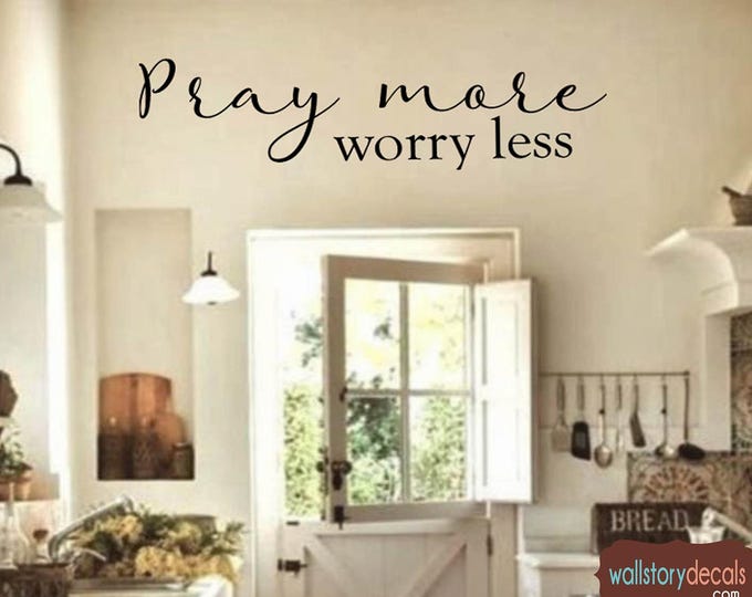 Entryway Family Wall Art Decor Decal Quotes Signage | Pray More Worry Less | Inspirational Sayings Home Wall Decals |  Welcome sign decal