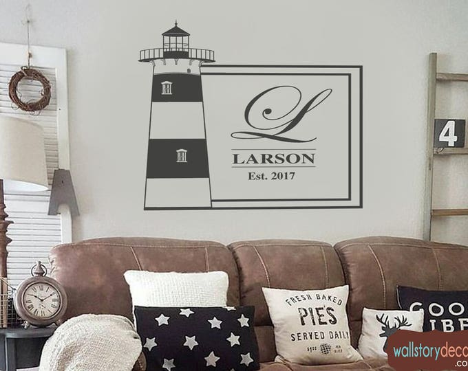 LIGHT HOUSE Family Last Name Wall Decals Quotes -Personalized Custom Family Name Established Year Date Small Med Large LightHouse Sign Beach