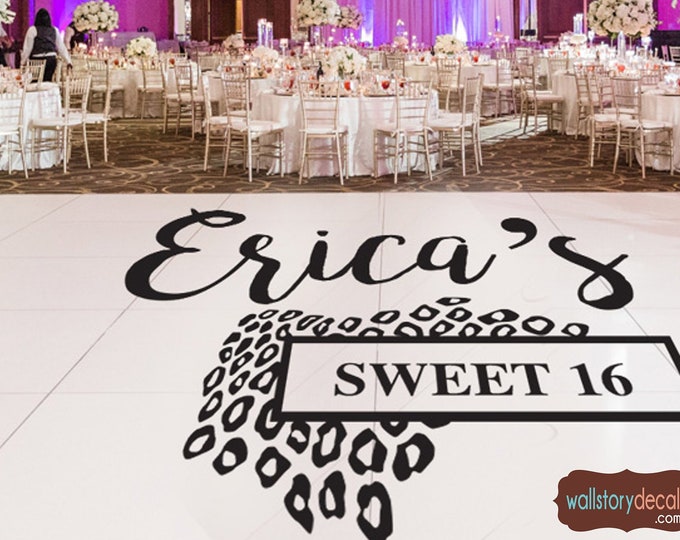 Sweet 16 Dance Floor Decal - Personalized Custom Name with Cheetah Pattern Theme - Small Medium Large Reception Decals White Gold Red Pink