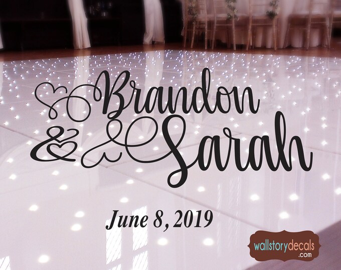 Wedding Logo Dance Floor Decal - Wedding Day - Modern calligraphy Dance Floor Personalized Names Wedding Decor Party White Black Gold Silver
