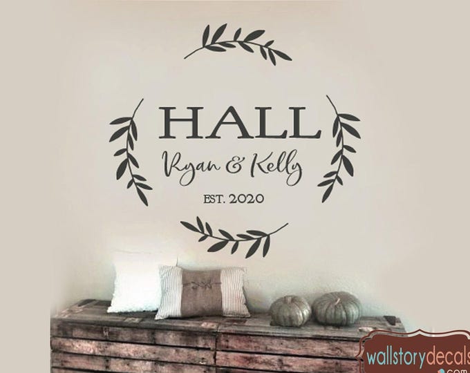 Wreath Wall Stickers Family Last Name wall Decals - with established date - Farmhouse Font - Personalized Monogram - entryway