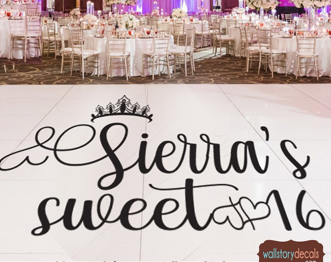 Sweet 16 Dance Floor Decal - Princess Theme  - Personalized Custom Name  - Medium Large Reception Decals - Princess Tiara Party Decor Crown