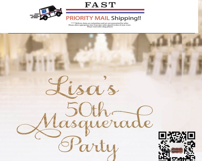 Masquerade Birthday Party Logo Dance Floor Vinyl Decal  - Personalized Names - 30th 40th 50th 60th Happy Birthday Fast Shipping