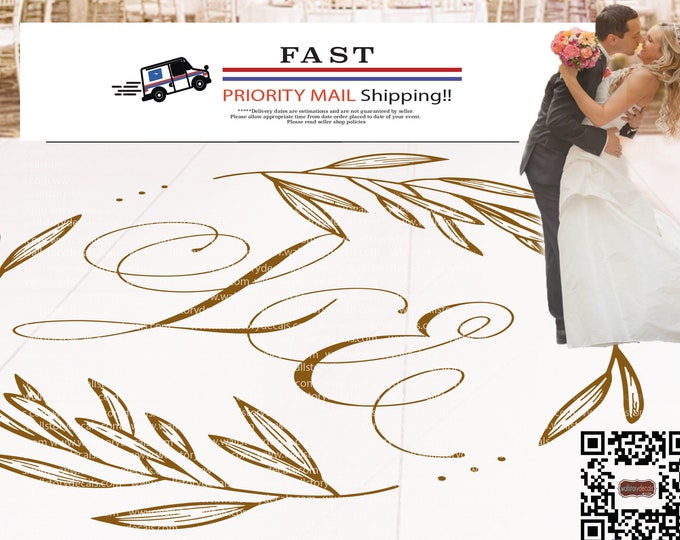 Modern Design Dance Floor Decal - Wedding Logo - Wreath Personalized Custom Name Bride Groom Birthday Party Decor White Black Gold Silver