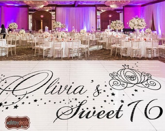 Sweet 16 Birthday Dance Floor Decal - Princess Quinceanera Party Decals Fairytale Theme - Cinderella Carriage White Black Gold Silver