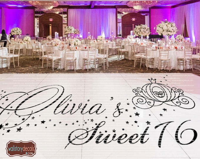Sweet 16 Birthday Dance Floor Decal - Princess Quinceanera Party Decals Fairytale Theme - Cinderella Carriage White Black Gold Silver
