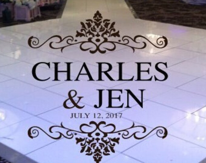 Damask Wedding Dance Floor Decal - Wedding Day - Fancy calligraphy Font Dance Floor Personalized Names White Black Gold Silver