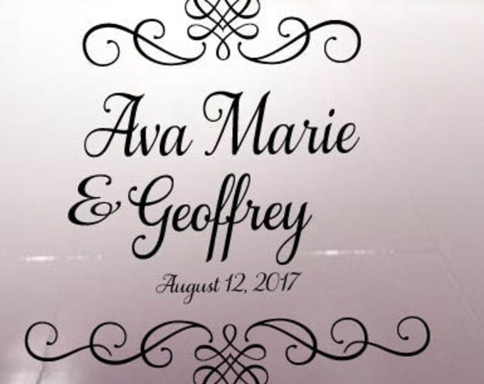 Elegant Hearts with swirls Scroll Frame Dance Floor Decal - Wedding Day - Fancy calligraphy Font Personalized Names White Black Gold Silver