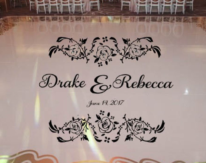 HUGE Roses & Thorns Theme Dance Floor Decal - Wedding Day - Fancy calligraphy Font Personalized Names Date Vinyl Lettering 39+ Colors  Rose