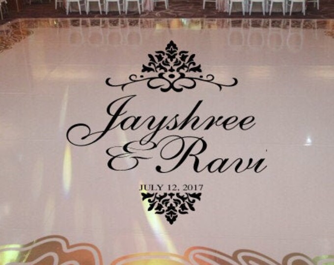 Wedding decor wedding Floor Damask Theme Dance Floor Decal - Wedding Day Fancy Font Personalized Names White Black Gold Silver