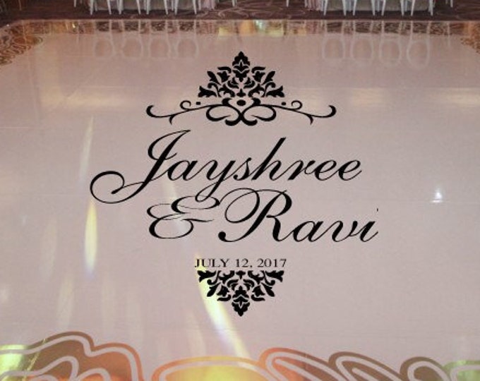 Reception Party HUGE Damask Theme Dance Floor Decal - Wedding Day - Fancy calligraphy Font Personalized Names White Black Gold Silver