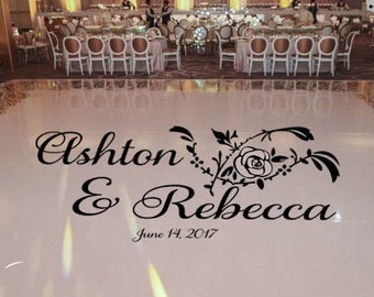 HUGE Rose Theme Dance Floor Decal - Wedding Day - Fancy calligraphy Font Dance Floor Personalized Names Vinyl Lettering 39+ Colors