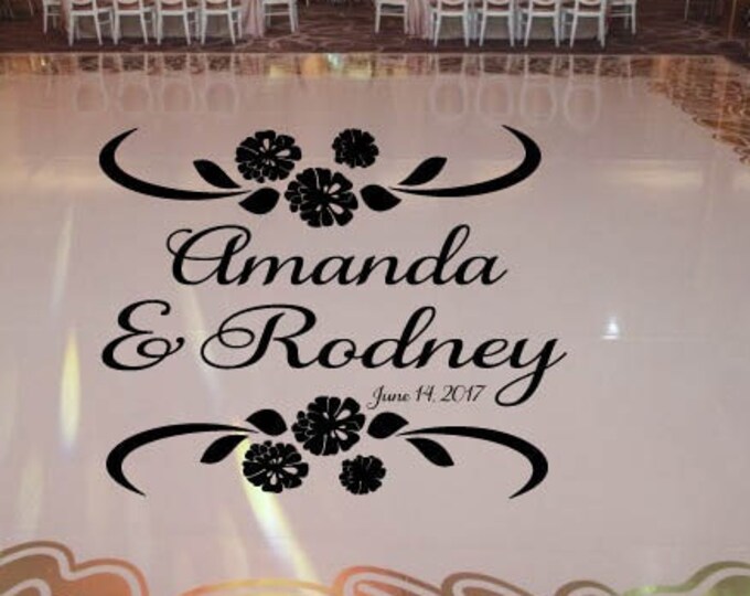 Carnation Flower Theme Dance Floor Decal - Wedding Day - Fancy calligraphy Font Dance Floor Personalized Names White Black Gold Silver