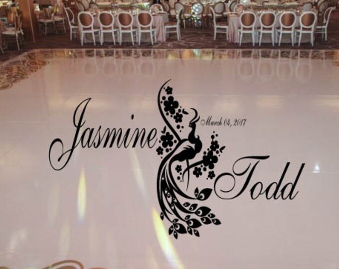 HUGE Peacock Theme Dance Floor Decal - Wedding Day - Fancy calligraphy Font Dance Floor Personalized Names Vinyl Lettering 39+ Colors