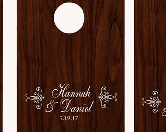 Wedding Decals Cornhole Board Game DECALS - Personalized Custom Bride Groom Names Logo Swirly Calligraphy Font Corn Hole Fast Shipping