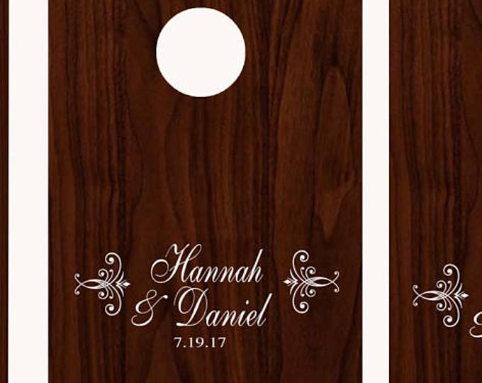 Wedding Decals Cornhole Board Game DECALS - Personalized Custom Bride Groom Names Logo Swirly Calligraphy Font Corn Hole Fast Shipping